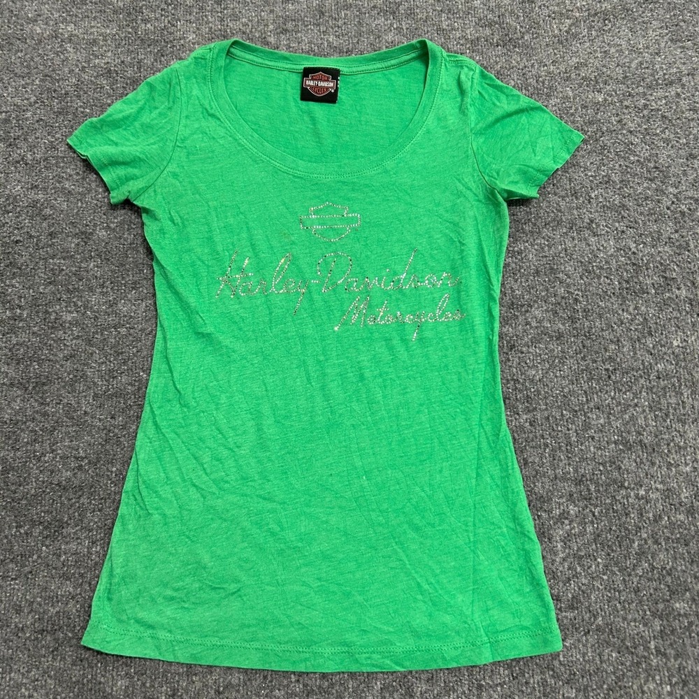 Harley-Davidson T-Shirt Womens Size S Green Rhinestone Logo Atlanta Georgia Tee